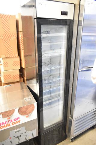 KoolMore SD105B single door reach-in cooler, metal frame, glass door, 5 shelves, 115V, 1 phase, ideal for commercial use.