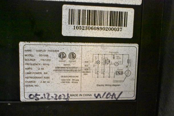 KoolMore SD105B commercial cooler label featuring model details, voltage, frequency, refrigerant type, and wiring diagram.