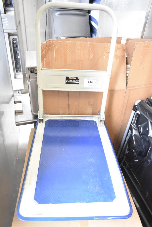 Franklin 19"x29" folding platform truck, blue and white, good condition, with visible label and item tag "143, QTY 1".
