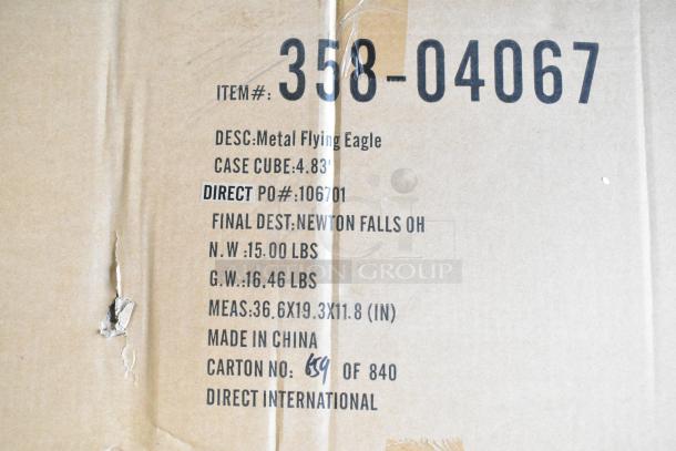 Cardboard box with "358-04067" marking, labeled "Metal Flying Eagle." Dimensions: 36.6x19.3x11.8 in. Made in China, noted as "Scratch and Dent."