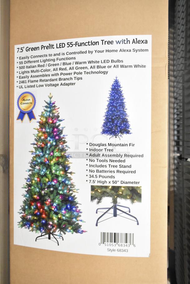 7.5' green prelit LED Christmas tree in original box, features 55 lighting functions, Alexa compatible, includes tree stand.