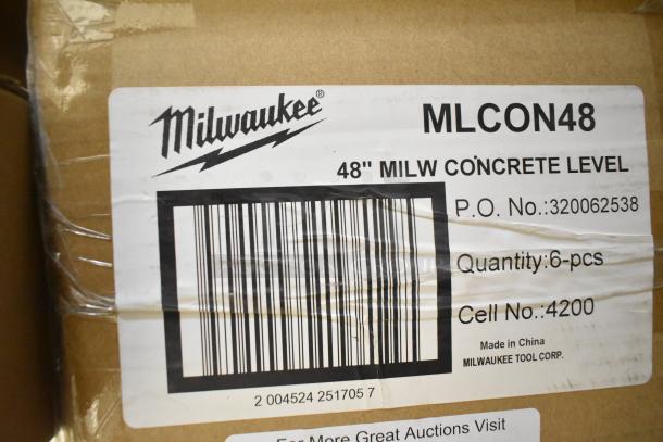 Box of 6 brand new Milwaukee MLCON48 48" concrete levels, labeled "scratch and dent." Marked P.O. No. 320062538.