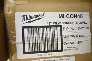 Box of 6 brand new Milwaukee MLCON48 48" concrete levels, labeled "scratch and dent." Marked P.O. No. 320062538.