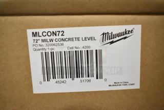Milwaukee MLCON72 72" Concrete Level, new, scratch and dent, packaging shows product label with barcode and details.