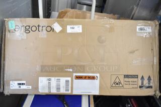 Brown cardboard box labeled "33-349-200 Ergotron." Condition: scratch and dent. Tags: caution for heavy object, packing list enclosed.