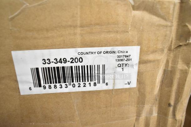 Label on Ergotron Work Station box showing model 33-349-200. Country of origin: China. Barcode visible. Quantity: 1.
