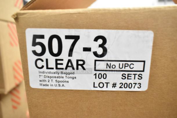 Boxes of 100 sets 507-3 clear 7" disposable tongs, individually bagged. Scratch and dent condition, made in USA. Lot #20073.