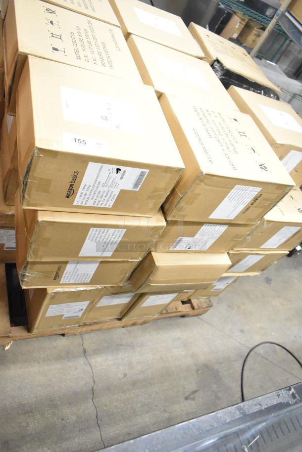 40 brand new Amazon Basics 12-sheet cross-cut paper shredders in boxes, labeled with model details; scratch and dent condition.