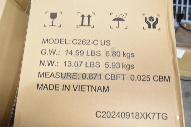 Cardboard box of Amazon Basics 12-sheet cross-cut paper shredder, model C262-C US. Gross weight 14.99 lbs, made in Vietnam.