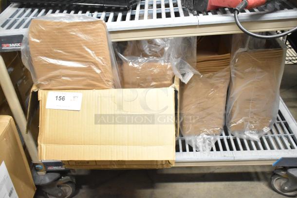 Lot of BRAND NEW SCRATCH AND DENT Kraft take-out containers, size 8 1/2" x 6" x 2 1/2", in cardboard boxes.