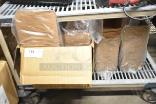 Lot of BRAND NEW SCRATCH AND DENT Kraft take-out containers, size 8 1/2" x 6" x 2 1/2", in cardboard boxes.