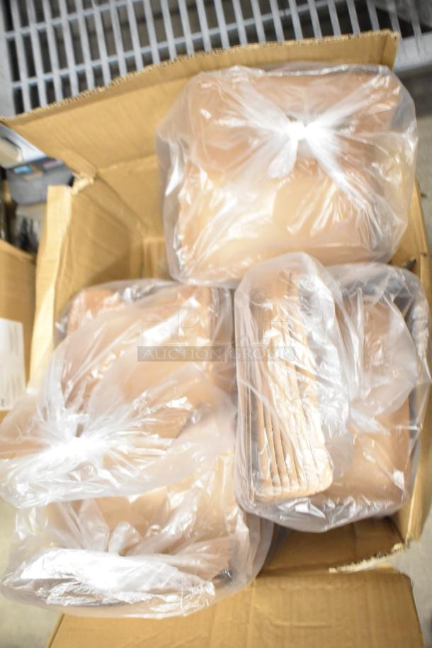 Box of assorted Kraft take-out containers with windows, dimensions 8.5x6x2.5 inches, new condition, in plastic bags.