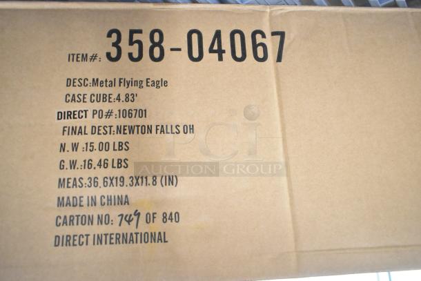 Cardboard box for Metal Flying Eagle, item #358-04067. Weight: 15 lbs, dimensions: 36.6x19.3x11.8 in. Made in China. Carton 749 of 840.