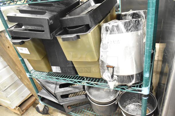 Two-tier shelf with black beverage dispensers, wrapped rice cooker, and inserts. Mixed condition, labels with model info.