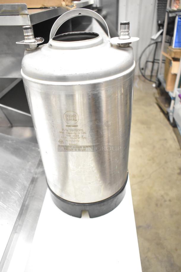Stainless steel container with a handle, labeled NSF, max capacity 3 gal, made in Italy, component part number 29750PS.