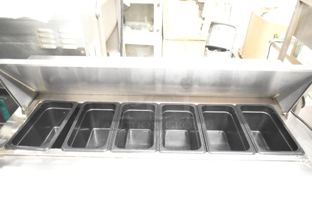 Atosa MSF8302 stainless steel sandwich salad prep table, bain marie top, six compartments, commercial casters, 115V, 1 phase.