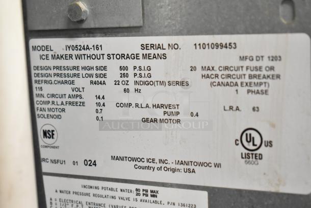 Manitowoc IY0524A-161 ice maker label, showing model, serial number 1101099453, specs including 115 volts, 1 phase, and UL listed.