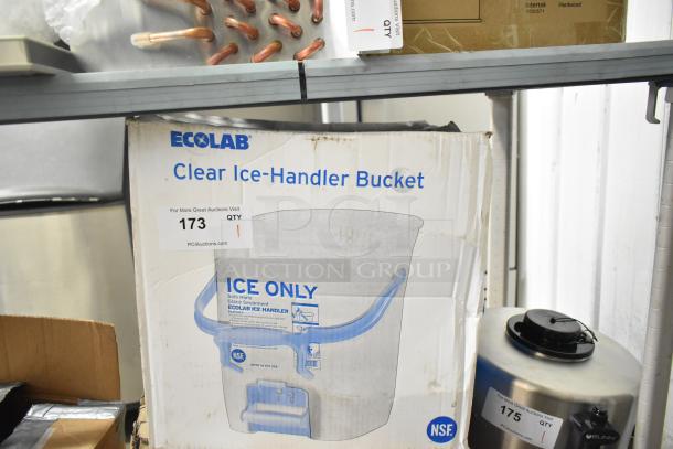 Brand new Ecolab Clear Ice Handler Bucket in a slightly dented box. Ice-only label, NSF certified. Auction tag reads '173 QTY'.