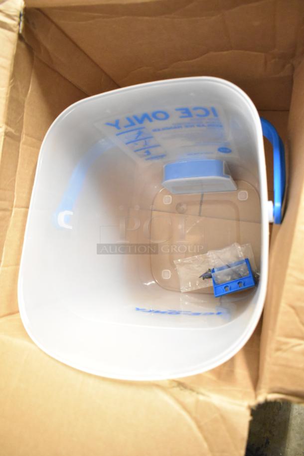 BRAND NEW Ecolab Clear Ice Handler Bucket, minor scratches, in original box. Includes blue handle and attached label indicating "ICE ONLY".