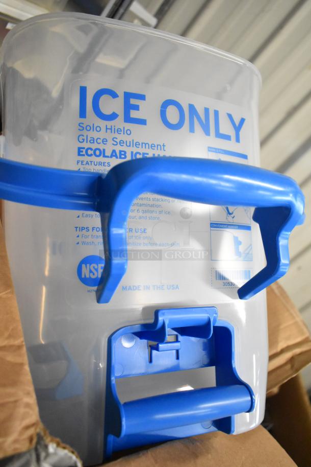 BRAND NEW Ecolab Ice Handler Bucket, clear plastic with blue handle, labeled "Ice Only," slight scratches, NSF-certified.