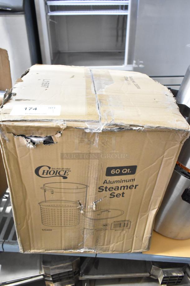 Brand new scratch and dent Choice 60 Qt. aluminum stock pot set in original, slightly damaged box. Includes pot, steamer basket, and cover.