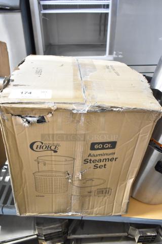 Brand new scratch and dent Choice 60 Qt. aluminum stock pot set in original, slightly damaged box. Includes pot, steamer basket, and cover.