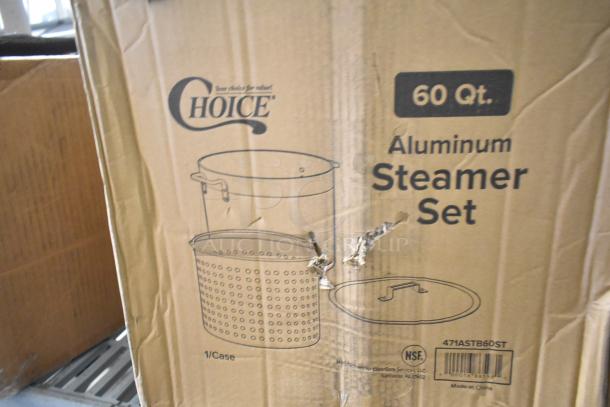 BRAND NEW Choice 471ASTB60ST 60 Qt. Aluminum Stock Pot with Steamer Basket and Cover. Box shows minor dents.