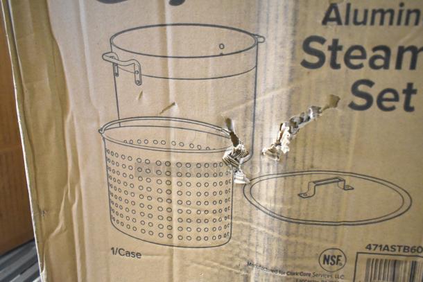 Cardboard box with illustration of Choice 471ASTB60ST 60 Qt. aluminum stock pot, steamer basket, and cover. Box shows damage.