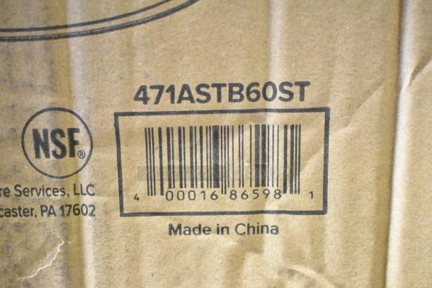 Barcode label for Choice 471ASTB60ST 60 Qt. aluminum stock pot. Features "NSF" mark, Made in China. Minimal wear visible.