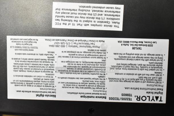 Taylor TE22OS Countertop Scale, model TE22OS, durable build, detailed instructions and specifications on labels.