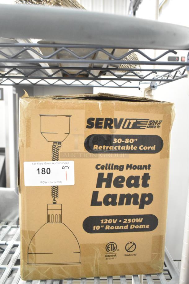 Brand new ServIt 423HLR85CH ceiling mount heat lamp, chrome finish, retractable cord, 120V. Box shows minor scratches.