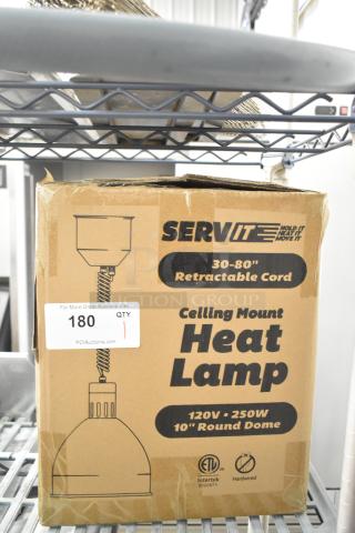Brand new ServIt 423HLR85CH ceiling mount heat lamp, chrome finish, retractable cord, 120V. Box shows minor scratches.