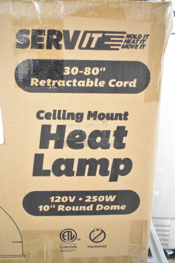 BRAND NEW SCRATCH AND DENT ServIt 423HLR85CH Ceiling Mount Heat Lamp, retractable cord, chrome finish, 120V, 10" dome.