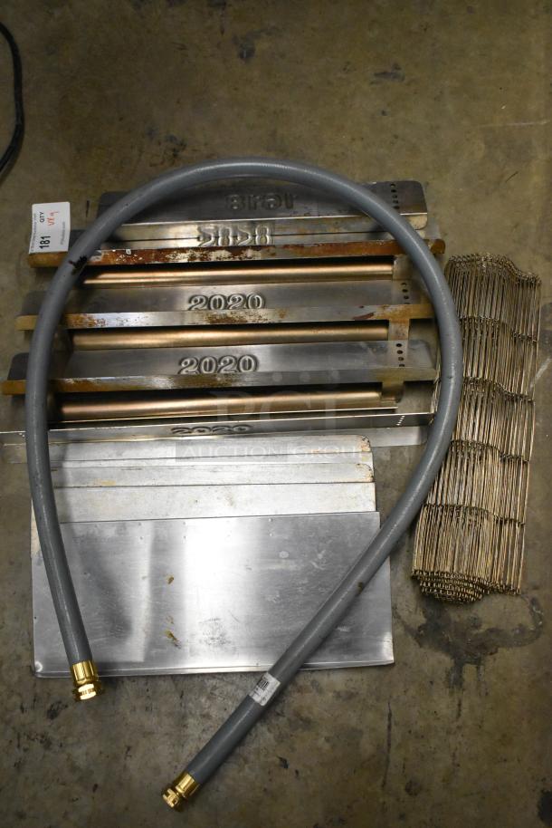 9 metal pieces including conveyor belt, pipes, and mesh. Visible "2020" markings. Good condition. Bid multiplies by 9.