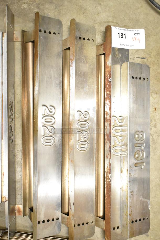 Nine metal pieces, including a conveyor belt, with "2020" embossed. Some rust visible. Auction tag: Lot 181, QTY x9.