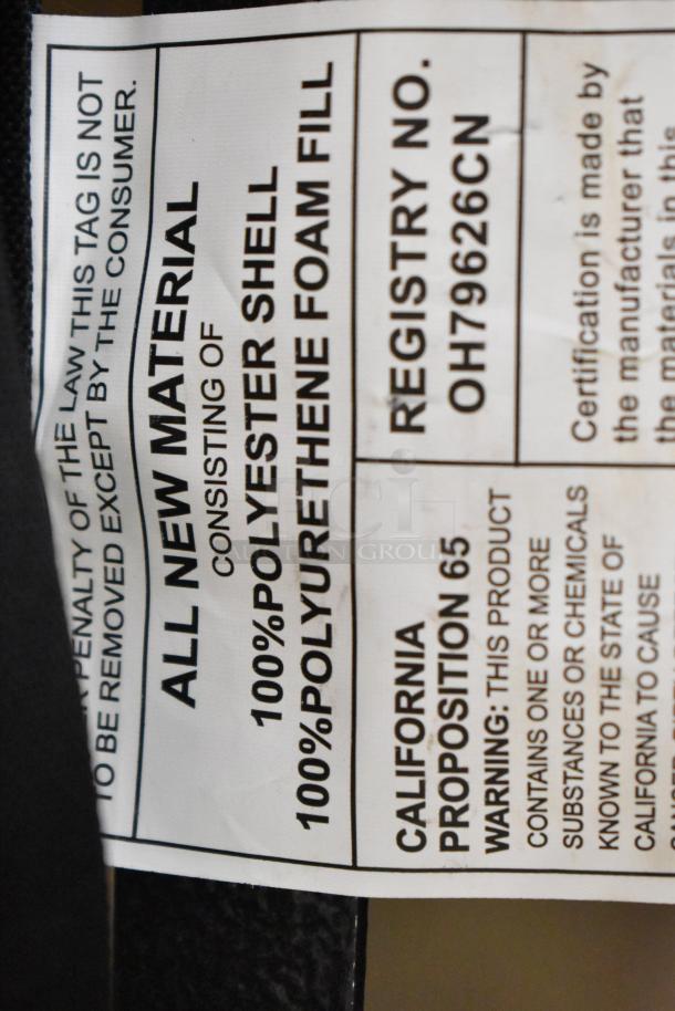 Sport Beats seat cushion tag detailing materials: 100% polyester shell, 100% polyurethane foam fill. Registry No. OH79626CN. California Proposition 65 warning included.