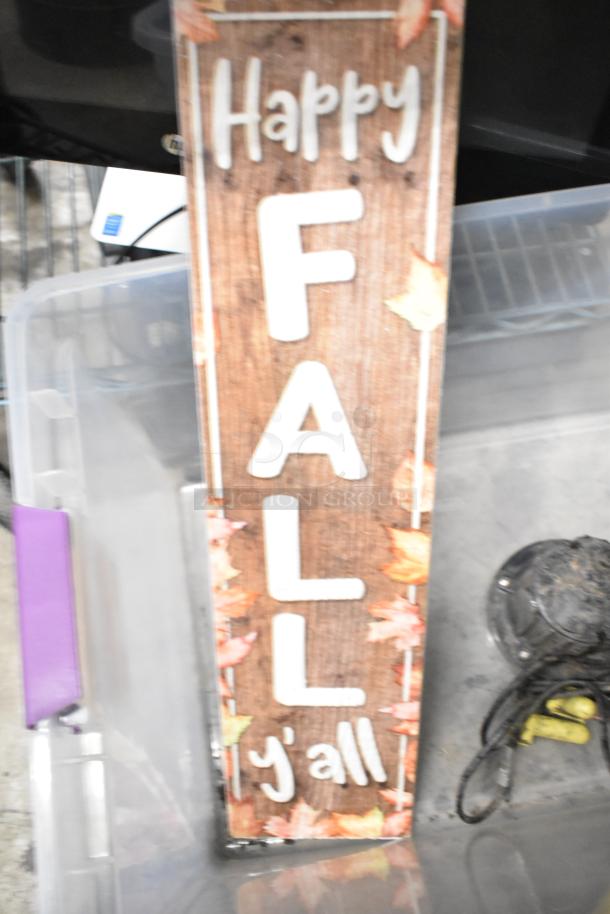 3-piece auction set: Roundup sprayer, cupcake stand, "Happy Fall Y'all" sign with autumn leaves. Bid multiplies by 3.