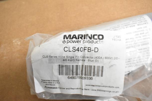 Lot of electrical items, including Marino CLS40FB-D pin connector, blue, 400A, 600V. Clear packaging, barcode visible.
