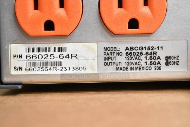 Epson receipt printer, QSR kitchen controllers, Powervar conditioners; label shows model ABCG152-11, part 66025-64R, 120VAC input/output.