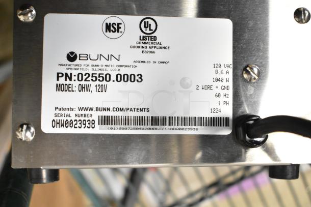 2024 Bunn OHW 02550.0003 stainless steel pourover hot water machine label, 80 oz, 120V, 1 phase, NSF and UL listed.