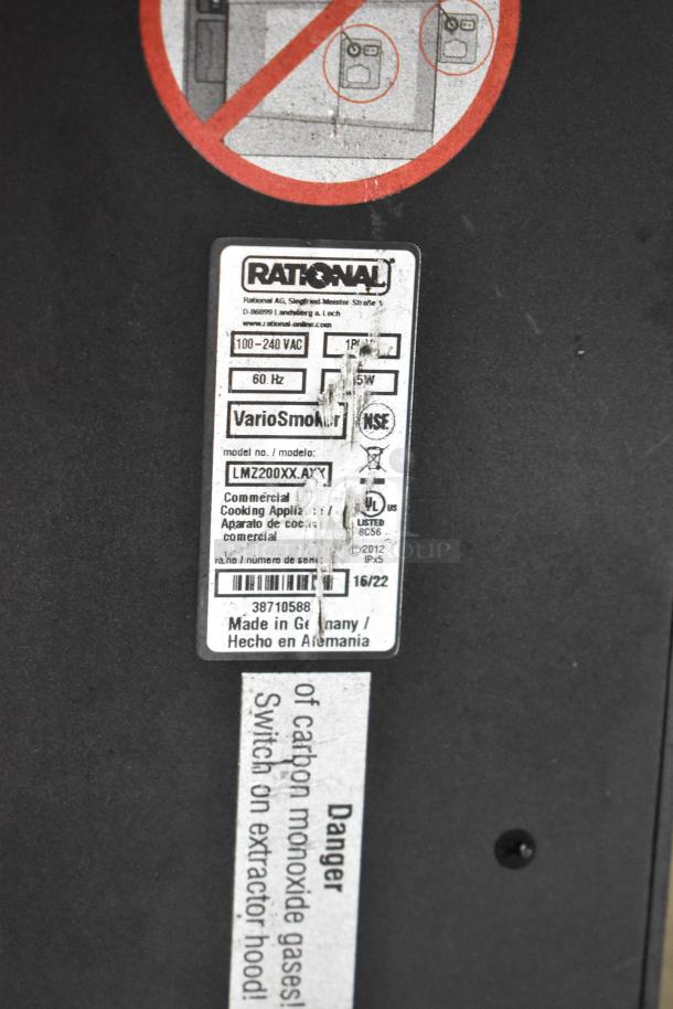 Rational LMZ200XX.AXX VarioSmoker, 100-240V, 1 Phase, commercial cooking appliance; label shows specs and safety warning.