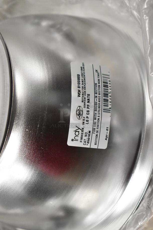 Shiny metal bowl labeled "Indy Fishers, IN." Features product details and bar code. Part of a five-item auction lot.