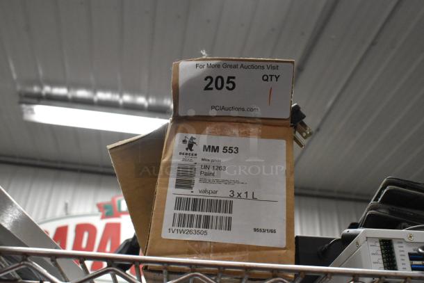 Lot of items including wires, Siemens TRI-R unit, and box labeled DeBeer MM 553 paint, Mica White, 3x1L.