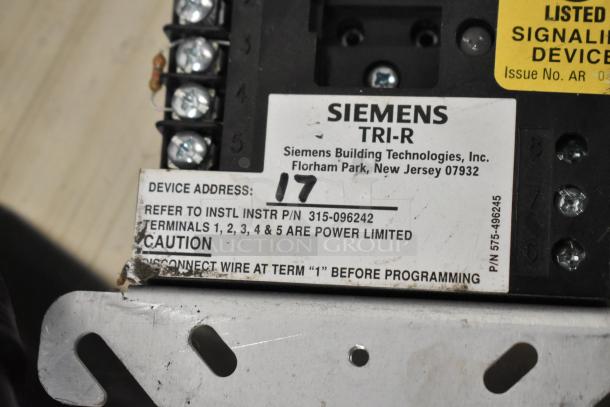 Siemens TRI-R unit with visible label, showing device address "17" and caution for wire connection. Includes multiple terminals.