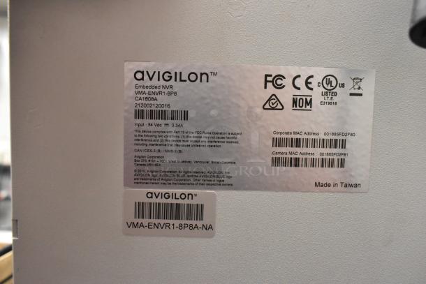 Avigilon VMA-ENVR1-8P8 Embedded NVR label, includes compliance icons and MAC addresses. Made in Taiwan.