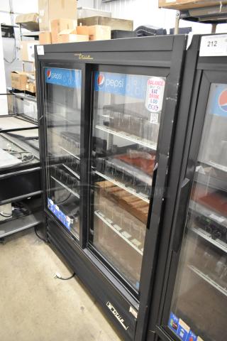 True GDM-41SL-60-LD commercial cooler, 2 glass doors, Pepsi branding, poly-coated racks, 115V, 1 Phase.