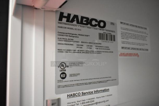 2019 Habco SE18HC commercial cooler label showing model details and certifications; 115V, 1-phase.
