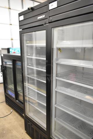 2019 Habco SE18 single door cooler with poly-coated racks, black exterior, glass door, 115V, 1 phase, excellent condition.