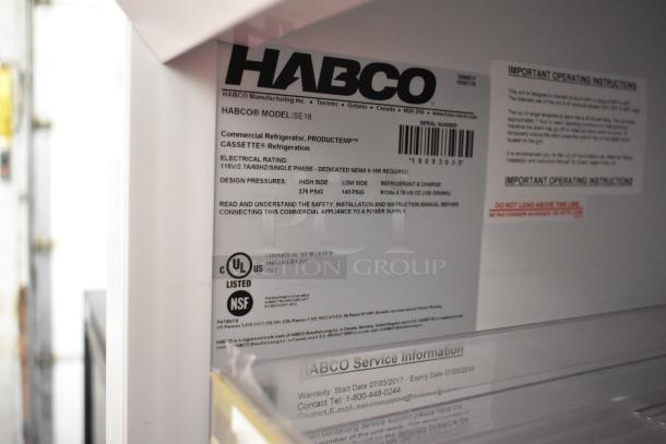 2019 Habco SE18 single door cooler label with model, electrical rating, and UL, NSF certifications.