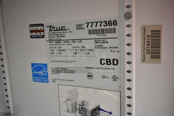 True GDM-41SL-54-LD cooler label showing model, voltage, refrigerant type, and Energy Star certification.